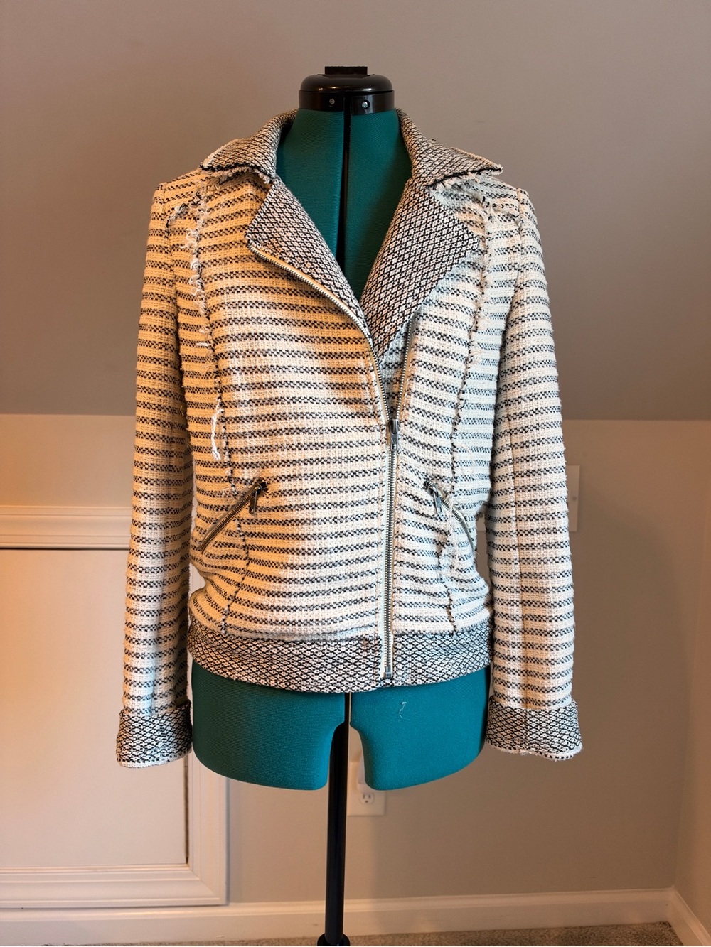 Ella Moss Cream and Black Striped Zip Front Jacket